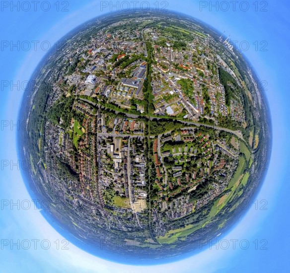 Aerial view, centre Essener Straße federal road B224 and bridge railway tracks, globe, fisheye image, 360 degree image, tiny world, little planet, fisheye image, Butendorf, Gladbeck, Ruhr area, North Rhine-Westphalia, Germany