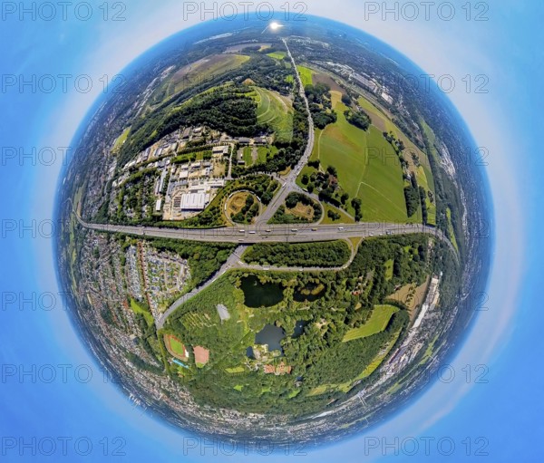 Aerial view, motorway A2, junction Essen/Gladbeck, federal road B224, truck in the exit loop, below moated castle Wittringen, left industrial area Europastraße, globe, fisheye image, 360 degree image, tiny world, little planet, fisheye image, Butendorf, Gladbeck, Ruhr area, North Rhine-Westphalia, Germany
