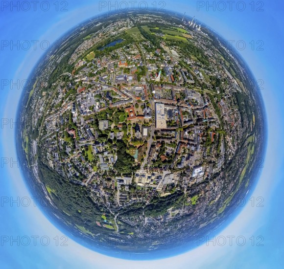 Aerial view, new and old town hall with high-rise building Sparkasse Gladbeck - head office, earth globe, fisheye image, 360 degree image, tiny world, little planet, fisheye image, Gladbeck, Ruhr area, North Rhine-Westphalia, Germany