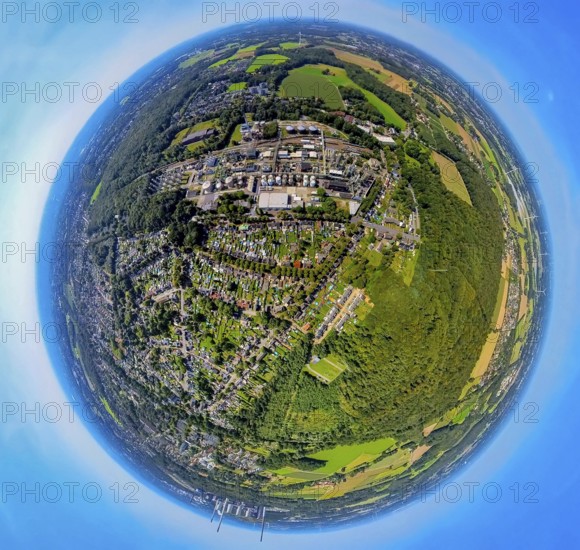 Aerial view, district Zweckel with Ineos Phenol GmbH chemical plant, Zweckeler Wald, residential area Serlostraße and gardens with swimming pool, earth globe, fisheye image, 360 degree image, tiny world, little planet, fisheye image, Zweckel, Gladbeck, Ruhr area, North Rhine-Westphalia, Germany