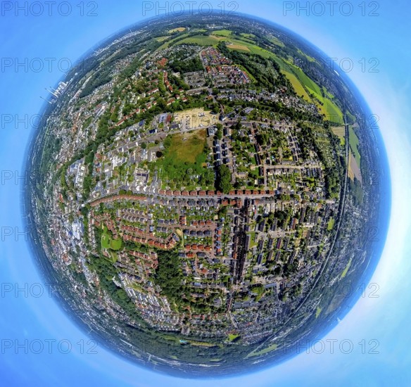 Aerial view, mosque DITIB- Turkish Islamic Community of Gladbeck, Wielandstraße corner Bramsfeld, former area furniture store Tacke, housing estate terraced houses with red roofs at the country road, globe, fisheye image, 360 degree image, tiny world, little planet, fisheye image, Butendorf, Gladbeck, Ruhr area, North Rhine-Westphalia, Germany