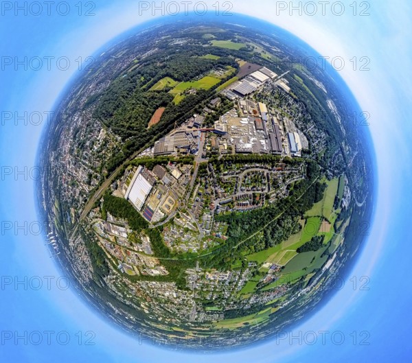 Aerial view, Rockwool industrial estate, Rockwool factory premises, Bottroper Straße and Beisenstraße industrial estate, Earth globe, fisheye image, 360 degree image, tiny world, little planet, fisheye image, Zweckel, Gladbeck, Ruhr area, North Rhine-Westphalia, Germany