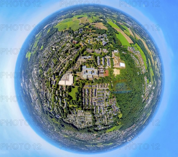 Aerial view, local view of residential area Rentfort, Schwechater Straße, Ingeborg-Drewitz-Gesamtschule, earth globe, fisheye image, 360 degree image, tiny world, little planet, fisheye image, Rentfort, Gladbeck, Ruhr area, North Rhine-Westphalia, Germany
