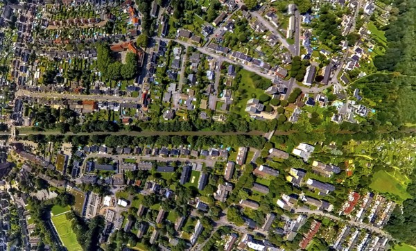 Aerial view, railway tracks and wooded railway line at Glückstraße residential area, earth globe, fisheye image, 360 degree image, tiny world, little planet, fisheye image, Zweckel, Gladbeck, Ruhr area, North Rhine-Westphalia, Germany
