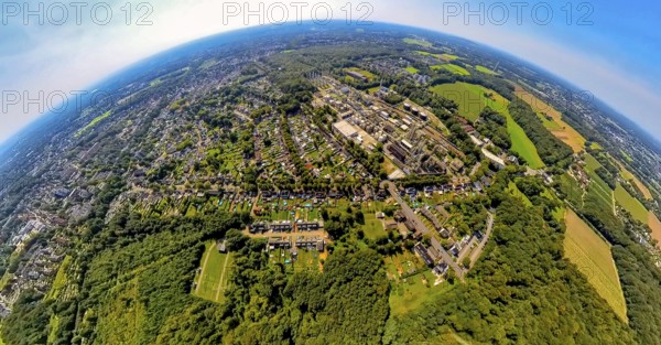 Aerial view, Ineos Phenol GmbH chemical plant, residential area Zweckel and gardens with swimming pool, earth globe, fisheye image, 360 degree image, tiny world, little planet, fisheye image, Zweckel, Gladbeck, Ruhr area, North Rhine-Westphalia, Germany