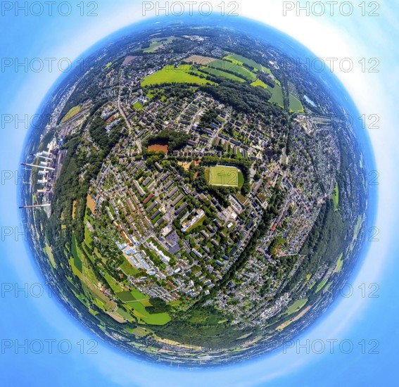 Aerial view, football stadium sports field SV Zweckel 23 e.V. football club, residential area Zweckel, earth globe, fisheye image, 360 degree image, tiny world, little planet, fisheye image, Zweckel, Gladbeck, Ruhr area, North Rhine-Westphalia, Germany