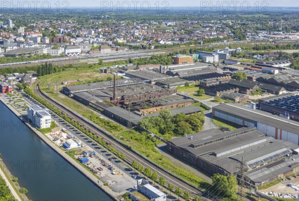 Aerial view, Hafenstrasse industrial estate, voestalpine and Thyssen Draht AG on the Datteln-HAmm canal, centre, Hamm, Ruhr area, North Rhine-Westphalia, Germany