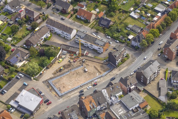Aerial view, construction site and new Rewe supermarket Hammerstraße 9, Bockum-Hövel, Hamm, Ruhr area, North Rhine-Westphalia, Germany