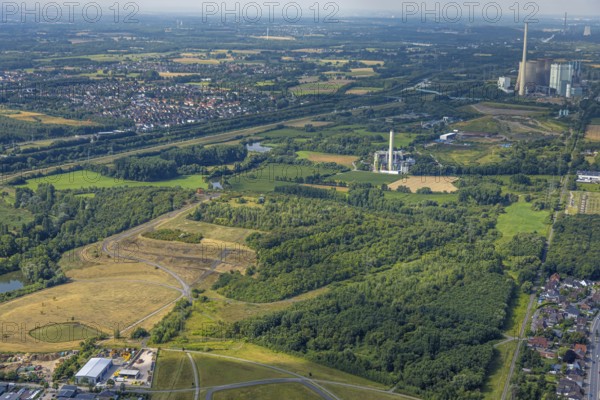 Aerial view, Radbod spoil tip with spoil tip sign, behind the RWE Generation SE Gersteinwerk power plant, Bockum-Hövel, Hamm, Ruhr area, North Rhine-Westphalia, Germany