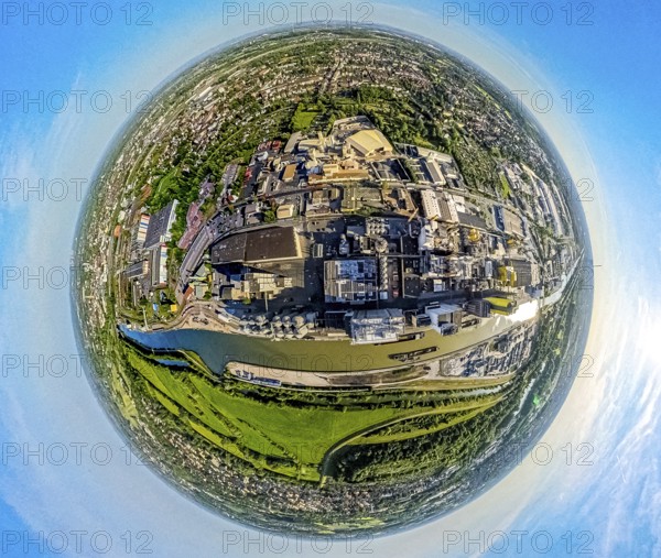 Aerial view, Hamm harbour on the Datteln-Hamm canal with inland waterway, globe, fisheye image, 360 degree image, tiny world, little planet, fisheye image, centre, Hamm, Ruhr area, North Rhine-Westphalia, Germany