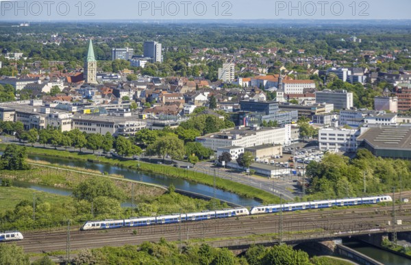 Aerial view, view from the Datteln-Hamm canal to the city centre, Allee-Center and Pauluskirche, S-Bahn on the railway bridge, centre, Hamm, Ruhr area, North Rhine-Westphalia, Germany