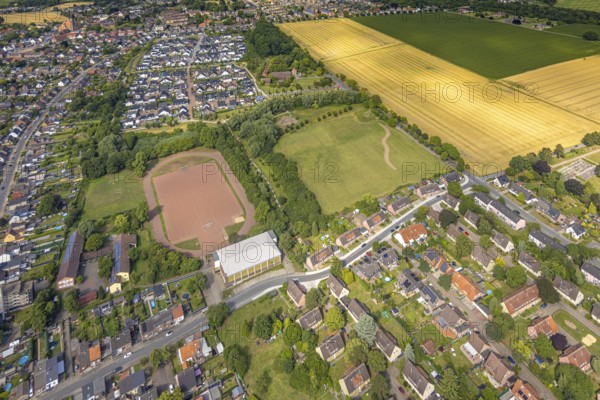 Aerial view, future building area south of Horster Straße, sports hall and sports field football stadium of FC Hamm 2011 e.V., residential area Stefanstraße, Bockum-Hövel, Hamm, Ruhr area, North Rhine-Westphalia, Germany