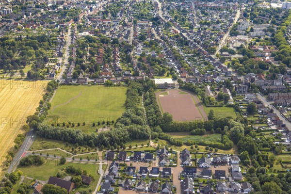Aerial view, future building area south of Horster Straße, sports hall and sports field football stadium of FC Hamm 2011 e.V., residential area Stefanstraße, Bockum-Hövel, Hamm, Ruhr area, North Rhine-Westphalia, Germany