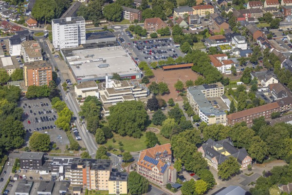 Aerial view, Rathaus-Center and Höveler Markt, Bürgeramt Terrassenhaus, car parks, Bockum-Hövel, Hamm, Ruhr area, North Rhine-Westphalia, Germany