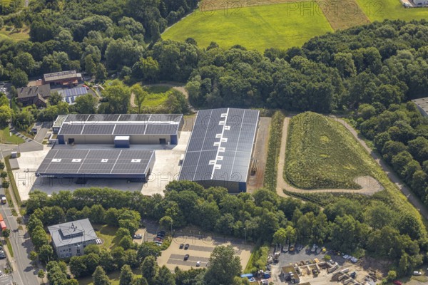 Aerial view, Römerstraße Süd industrial estate, new Krampe Harex building, building with solar panels, Warendorfer Straße, Bockum-Hövel, Hamm, Ruhr area, North Rhine-Westphalia, Germany