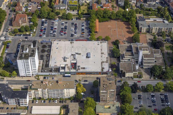 Aerial view, Rathaus-Center and Höveler Markt, Bürgeramt Terrassenhaus, car parks, high-rise housing estate, Bockum-Hövel, Hamm, Ruhr area, North Rhine-Westphalia, Germany