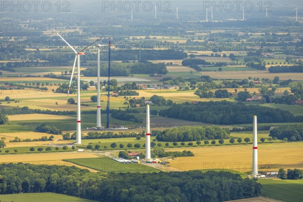 Aerial view, wind turbines with new construction on Klostermühlenweg, meadows and fields, Bockum-Hövel, Hamm, Ruhr area, North Rhine-Westphalia, Germany