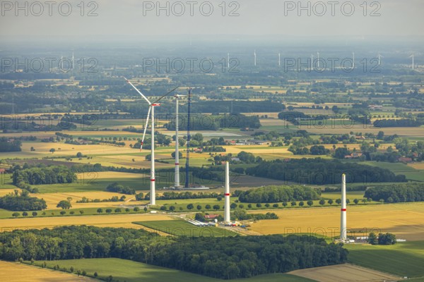 Aerial view, wind turbines with new construction on Klostermühlenweg, meadows and fields, Bockum-Hövel, Hamm, Ruhr area, North Rhine-Westphalia, Germany