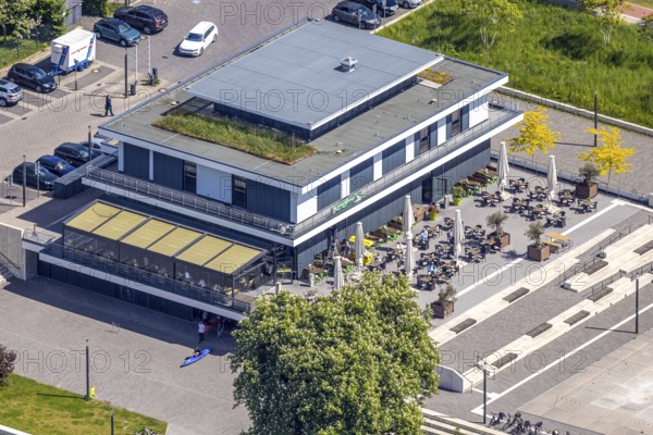 Aerial view, R-Cafe on Adenauerallee, Datteln-Hamm Canal, green roof, Hamm, Ruhr area, North Rhine-Westphalia, Germany