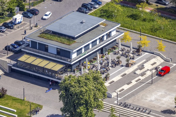 Aerial view, R-Cafe on Adenauerallee, Datteln-Hamm Canal, green roof, Hamm, Ruhr area, North Rhine-Westphalia, Germany