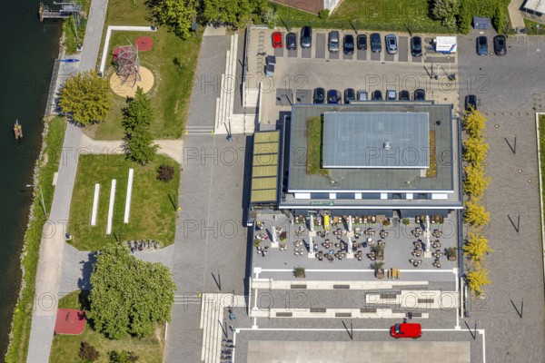Aerial view, R-Cafe on Adenauerallee, Datteln-Hamm Canal, green roof, Hamm, Ruhr area, North Rhine-Westphalia, Germany
