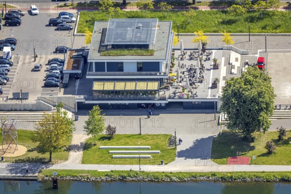 Aerial view, R-Cafe on Adenauerallee, Datteln-Hamm Canal, green roof, Hamm, Ruhr area, North Rhine-Westphalia, Germany
