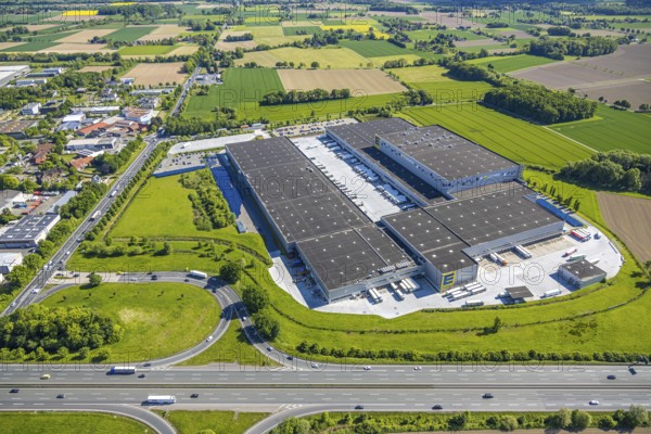 Aerial view, Edeka logistics centre and A2 motorway, Rhynern in Hamm, Ruhr area, North Rhine-Westphalia, Germany