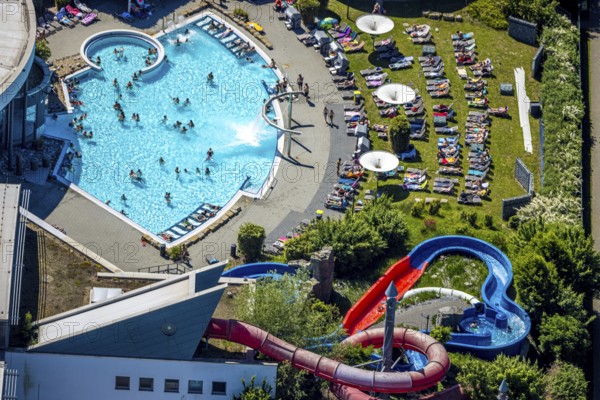 Aerial view, outdoor pool Maximare, saltwater pool, summer, Hamm-Mitte, bathers, sunbathers, Hamm, Ruhr area, North Rhine-Westphalia, Germany