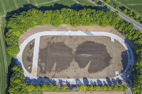 Aerial view, Selbachpark sports facilities renovation and refurbishment, Pelkum district, Hamm, Ruhr area, North Rhine-Westphalia, Germany