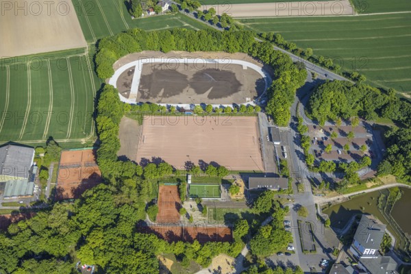 Aerial view, Selbachpark sports facilities renovation and refurbishment, Pelkum district, Hamm, Ruhr area, North Rhine-Westphalia, Germany