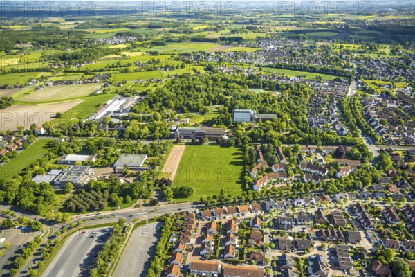 Aerial view, Maximilianpark entrance area and glass elephant, Uentrop, Hamm, Ruhr area, North Rhine-Westphalia, Germany