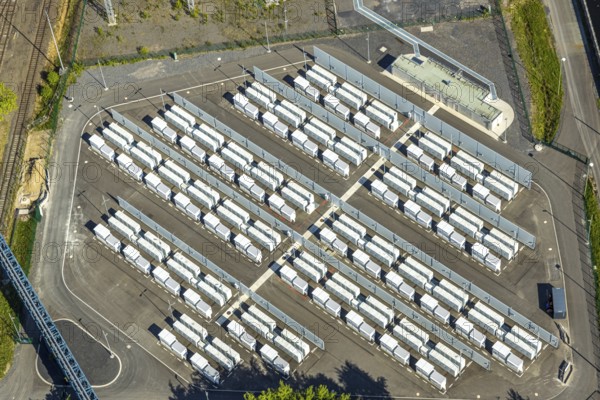 Aerial view, battery storage site of RWE power plant Westfalen, Uentrop, Hamm, Ruhr area, North Rhine-Westphalia, Germany