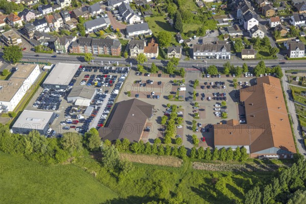 Aerial view, shopping centre with Edeka Weber and Aldi supermarket, Excellence Cars car dealership, Pelkum district, Hamm, Ruhr area, North Rhine-Westphalia, Germany