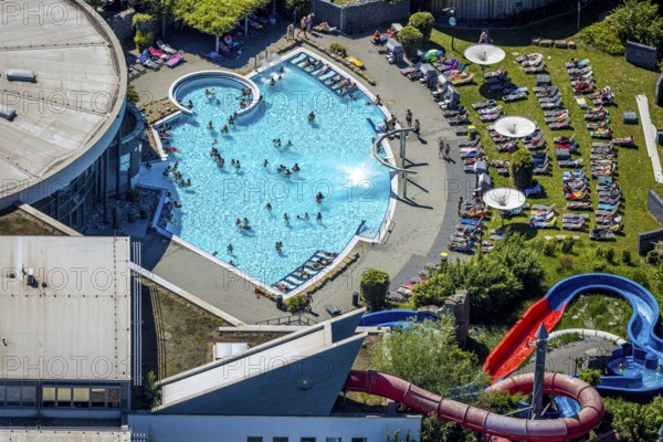 Aerial view, outdoor pool Maximare, saltwater pool, summer, Hamm-Mitte, bathers, sunbathers, Hamm, Ruhr area, North Rhine-Westphalia, Germany
