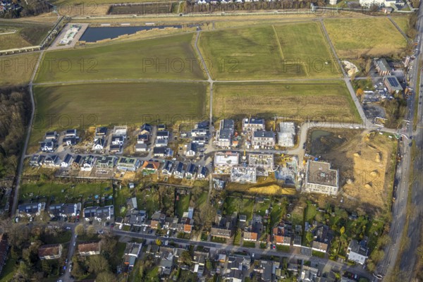 Aerial view, construction site and new housing estate WohnSiedlung Am Glückauf Park Hassel - Park des Wandels, Hassel, Gelsenkirchen, Ruhr area, North Rhine-Westphalia, Germany