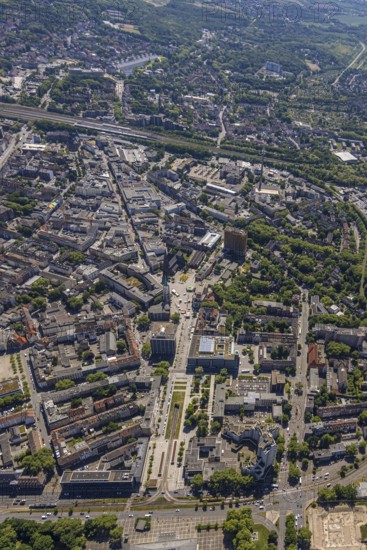 Aerial view, city centre with Ebertstraße, Hans-Sachs-Haus and Heinrich-König-Platz, main station railway tracks with Bahnhofstraße and Ringstraße, pedestrian zone, old town, Gelsenkirchen, Ruhr area, North Rhine-Westphalia, Germany