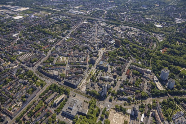 Aerial view, city centre with Ebertstraße, Hans-Sachs-Haus and Heinrich-König-Platz, main station railway tracks with Bahnhofstraße and Ringstraße, pedestrian zone, old town, Gelsenkirchen, Ruhr area, North Rhine-Westphalia, Germany