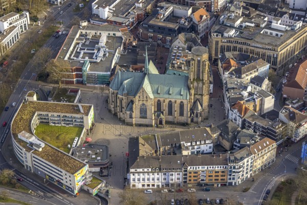 Aerial view, St. Urbanus Catholic Church and church square, commercial buildings and shopping centre on De-La-Chevallerie-Straße, Buer, Gelsenkirchen, Ruhr area, North Rhine-Westphalia, Germany