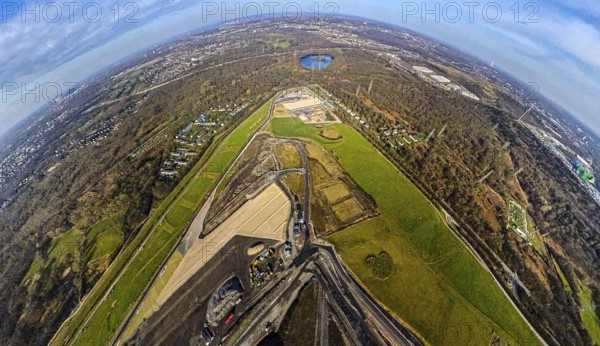 Aerial view, ZDE central landfill Emscherbruch, above Emscherbruch with Ewaldsee, globe, fisheye image, 360 degree image, tiny world, little planet, fisheye image, Resser Mark, Gelsenkirchen, Ruhr area, North Rhine-Westphalia, Germany