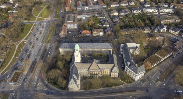 Aerial view, town hall and city administration Buer with town hall tower, ZOB bus station Buer at Goldbergstraße, Buer, Gelsenkirchen, Ruhr area, North Rhine-Westphalia, Germany