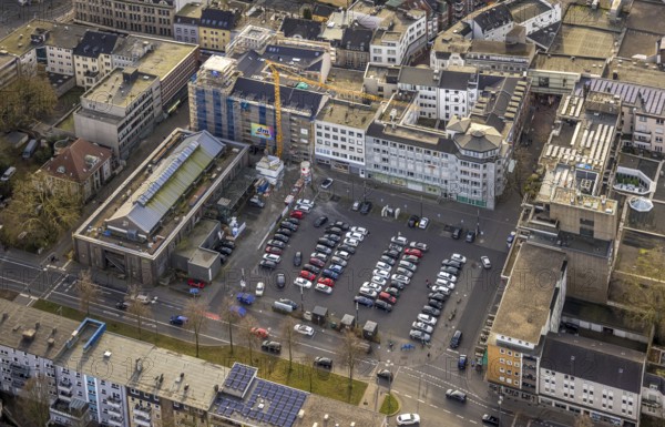Aerial view, Springemarkt and car park, residential and commercial buildings with market hall on the left, construction site with facade renovation, Buer, Gelsenkirchen, Ruhr area, North Rhine-Westphalia, Germany