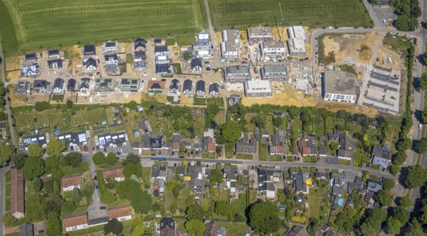 Aerial view, construction site and new housing estate WohnSiedlung Am Glückauf Park Hassel - Park des Wandels, Hassel, Gelsenkirchen, Ruhr area, North Rhine-Westphalia, Germany