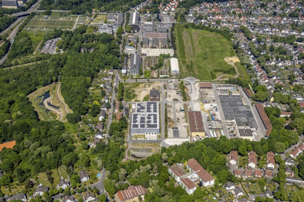 Aerial view, industrial estate Bergmannsglückstraße, construction site and new Meinhövel central warehouse with solar roof Bergmannsglückstraße 14, Hassel, Gelsenkirchen, Ruhr area, North Rhine-Westphalia, Germany