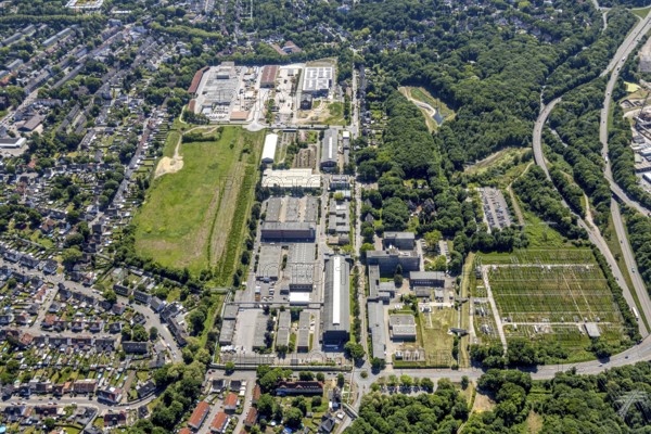 Aerial view, industrial estate Bergmannsglückstraße, construction site and new Meinhövel central warehouse with solar roof Bergmannsglückstraße 14, Hassel, Gelsenkirchen, Ruhr area, North Rhine-Westphalia, Germany
