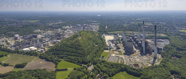 Aerial view, Scholven power station and new combined cycle gas and steam turbine power station, Oberscholven waste rock pile wind farm and Ruhr Öl Raffinerie Scholven refinery, Scholven, Gelsenkirchen, Ruhr area, North Rhine-Westphalia, Germany
