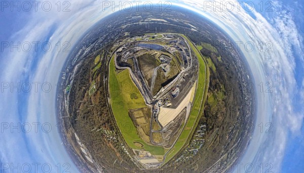 Aerial view, ZDE central landfill Emscherbruch, earth globe, fisheye image, 360 degree image, tiny world, little planet, fisheye image, Resser Mark, Gelsenkirchen, Ruhr area, North Rhine-Westphalia, Germany