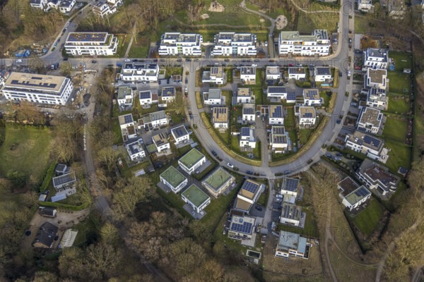 Aerial view, new development area Am Buerschen Waldbogen, Zur Marienkapelle, semi-circular housing estate, Resse, Gelsenkirchen, Ruhr area, North Rhine-Westphalia, Germany