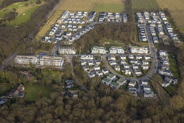 Aerial view, new development area Am Buerschen Waldbogen, Zur Marienkapelle, semi-circular housing estate, Resse, Gelsenkirchen, Ruhr area, North Rhine-Westphalia, Germany