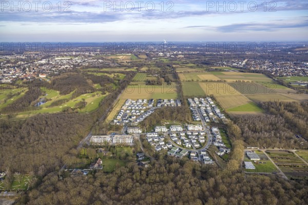 Aerial view, new housing estate Am Buerschen Waldbogen, Zur Marienkapelle, semi-circular housing estate, distant view and blue sky, Resse, Gelsenkirchen, Ruhr area, North Rhine-Westphalia, Germany