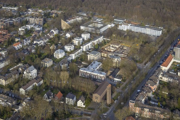 Aerial view, construction site and new building for apartment blocks on Goldbergstraße, Max-Planck-Gymnasium and Annette-von-Droste-Hülshoff-Gymnasium, at the back left the Protestant Stephanuskirche, Buer, Gelsenkirchen, Ruhr area, North Rhine-Westphalia, Germany
